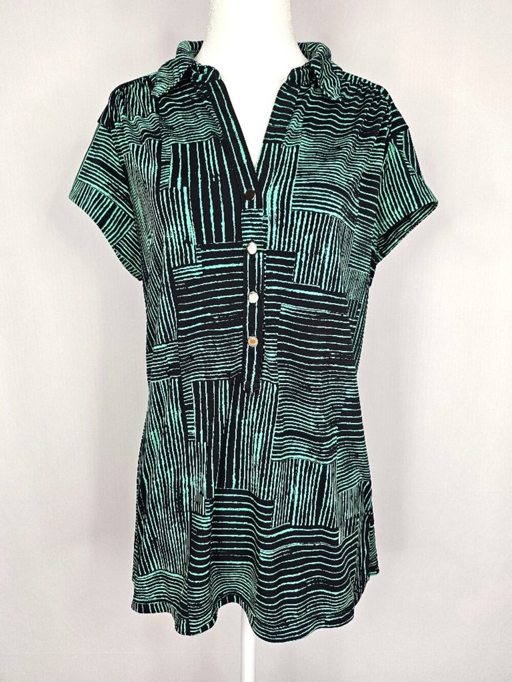 Alfani | Geometric Stretch Blouse | Green Black | Women's L
